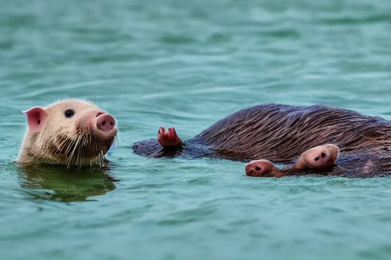 Image similar to a pig sea otter!!! hybrid! hyper realistic!! realistic lighting!! wildlife photographer of the year!!! bold natural colors, national geographic, hd, wide angle, 8 k