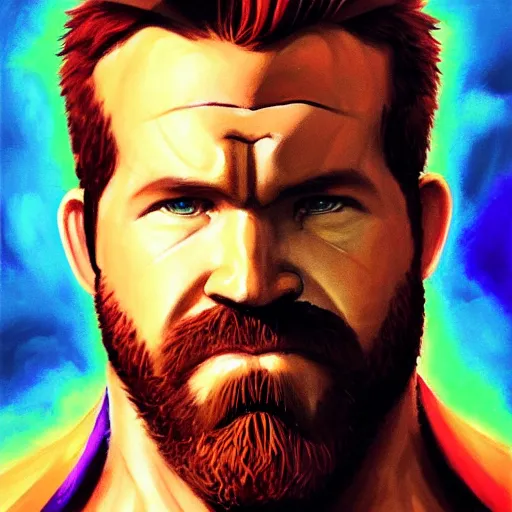 Prompt: greg manchess portrait painting of ryan reynolds as thanos!!! evil, sad! with a ginger cat as overwatch character, medium shot, asymmetrical, profile picture, organic painting, sunny day, matte painting, bold shapes, hard edges, street art, trending on artstation, by huang guangjian and gil elvgren and sachin teng
