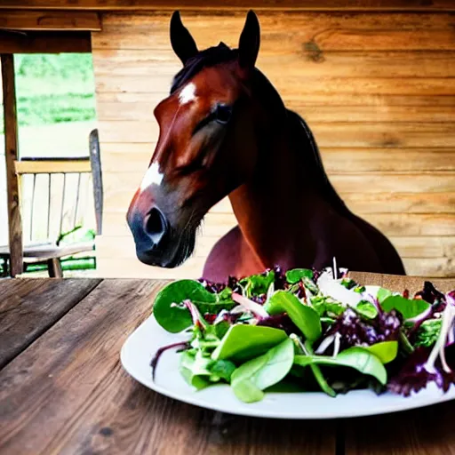 Prompt: a large humanoid horse sitting at a rustic table eating a small side salad