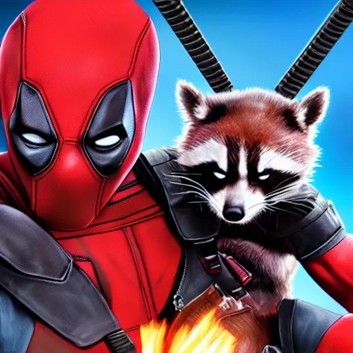 Image similar to deadpool and rocket raccoon together digital art 4 k detailed super realistic