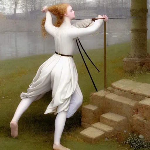 Image similar to Painting of Elle Fanning fencing, long blonde hair, delicate, pale milky white porcelain skin, by Edmund Leighton. 8K. Extremely detailed.