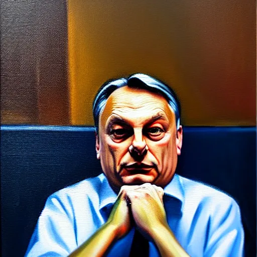 Image similar to viktor orban tiktok on his phone in a cubicle, oil painting