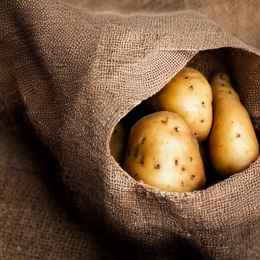 Prompt: frodo in a burlap sack of potatos, photography, realistic, mid shot