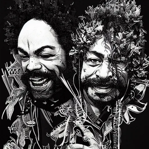 Image similar to portrait of cheech and chong, concept art, sumi - e style, intricate linework, artstation, trending, highly detailed, smooth, focus, art by yoji shinkawa,