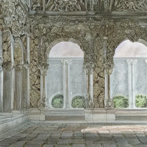 Prompt: delicate marble garden on paper, stony, puffy, botanical herbarium, botanic watercolors, iridescent, 8 k wide angle, realistic shaded, fine details, artstation, italian, colonnade, oak tree, pinecone, pomegranade, hydrangea, vines, gardena architecture, pompeii