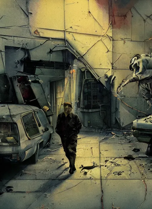 Prompt: a still from the tv series chernobyl and gta by francis bacon, surreal, norman rockwell and james jean, greg hildebrandt, triadic color scheme, by greg rutkowski, in the style of francis bacon and edward hopper and beksinski, dark surrealism, grand theft auto video game, a still from the film alien