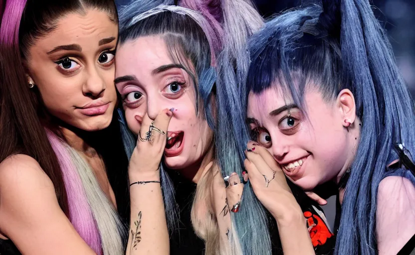 Image similar to ariana grande hugging billie eilish 4k by tim burton caricature