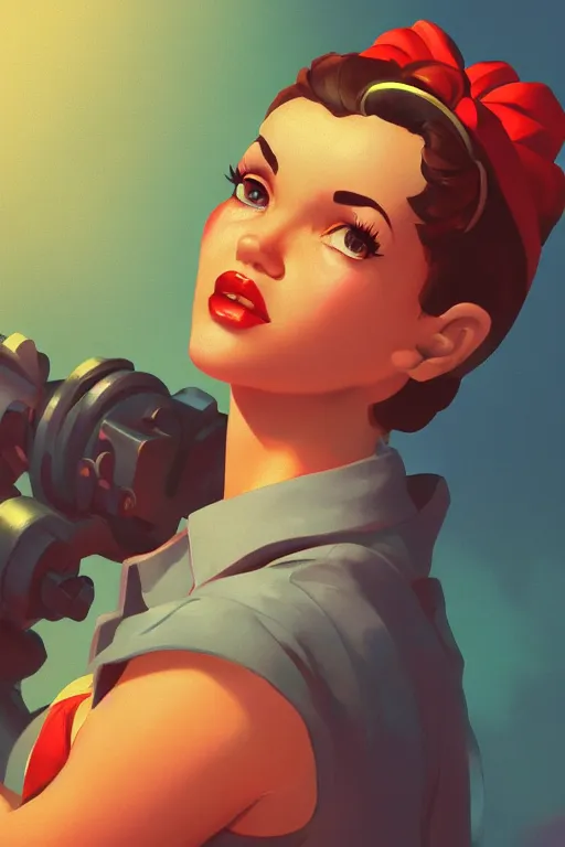 Prompt: a portrait of a cute rosie the riveter, industrial setting, overwatch art team, vivid colors, soft lighting, atmospheric, cinematic, moody, splash art in the style of ilya kuvshinov, oil on canvas, 8 k