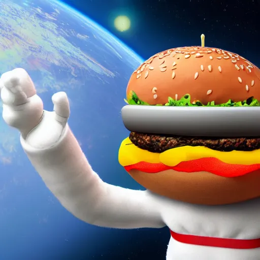 Image similar to cat in burger costume floating in space, digital art, trending on artstation 4k