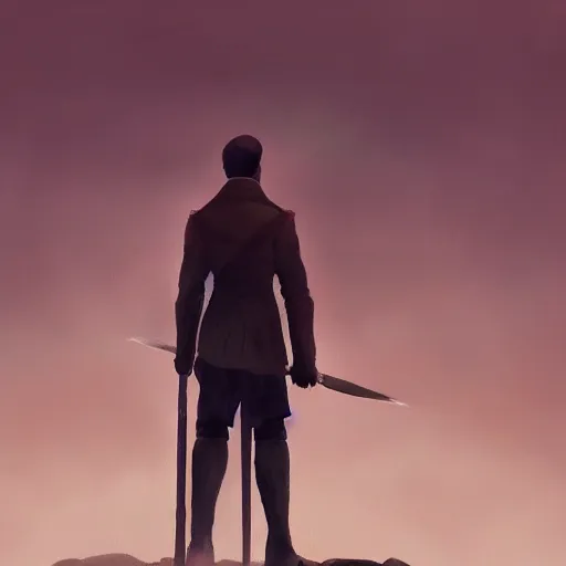 Image similar to dark-skinned man standing tall on a cliff fog clouds clothed in military uniform holding sword in the style of CASPAR DAVID FRIEDRICH techno atmosphere colourful beautiful image, brush strokes, pastel, artstation deviantart acrylic