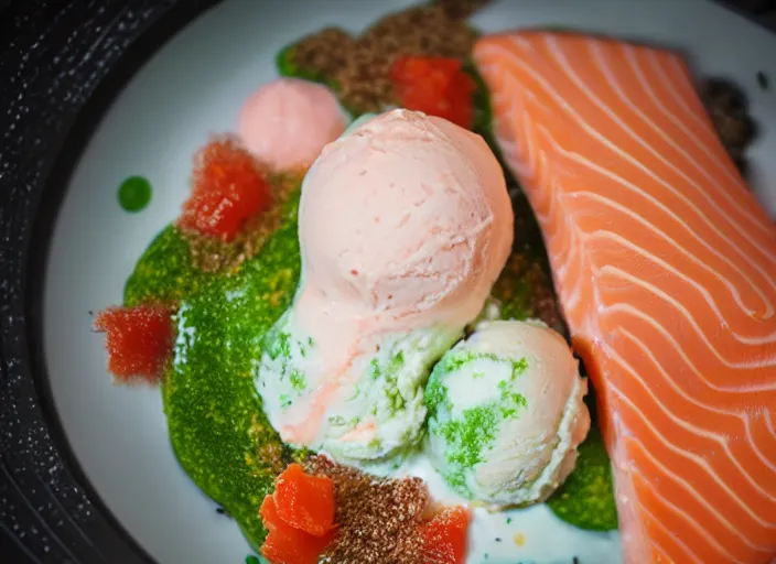 Prompt: dslr food photograph of salmon and wasabi ice cream sundae with salmon roe and wasabi drizzle, 8 5 mm f 1. 8