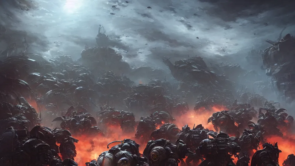 Image similar to a photorealistic hyperrealistic render of an epic close quarters last stand battle between an outnumbered squad of space marines and genestealers from warhammer 4 0 k by greg rutkowski, james paick, wlop, nicolas bouvier sparth, artgerm, dramatic moody sunset lighting, long shadows, volumetric, cinematic atmosphere, octane render, artstation, 8 k