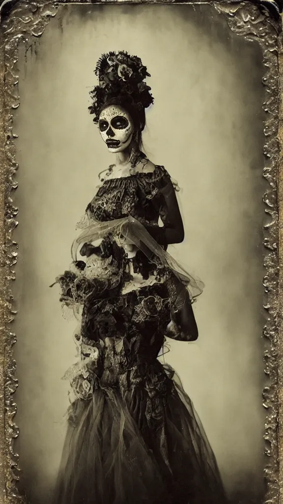 Image similar to tintype full body view, young woman in veiled dia de muertos dress and make up, horrific beautiful vibe, evocative, atmospheric lighting, painted, intricate, highly detailed,