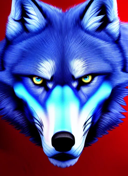 Image similar to blue wolf, red eyes highly detailed, deep focus, digital painting, smooth, sharp focus, illustration, trending on artstation, 4 k