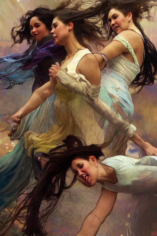 Image similar to hyperrealist group photo of 4 women of various ethnic backgrounds jumping together. by jeremy mann and alphonse mucha, fantasy art, photo realistic, dynamic lighting, artstation, poster, volumetric lighting, very detailed faces, 4 k, award winning
