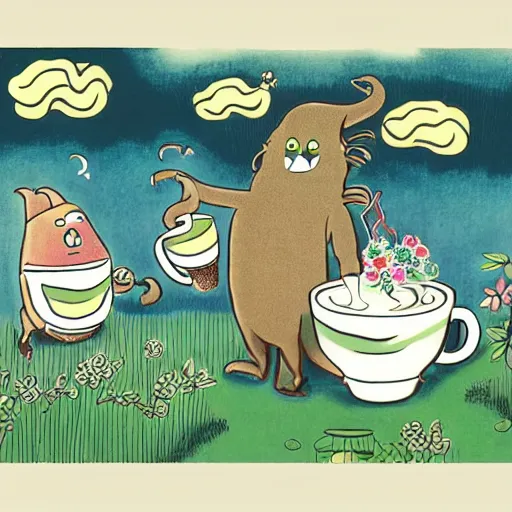 Image similar to a coffee advertisement with friendly monsters dancing around beautiful steaming cups of coffee, amongst coffee beans and flowers, and rainbows in the style of Japanese illustration, Maurice Sendak, Tove Jansson, high definition