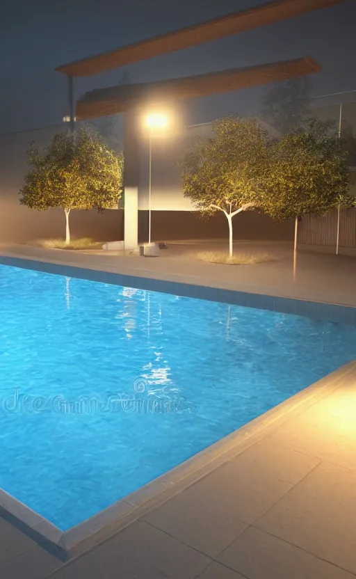 Prompt: swimming pool at night, soft render, volumetric lighting, 3d aesthetic grainy illustration