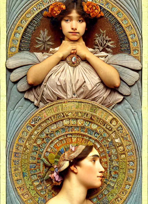 Prompt: wide angle shot inca calender stone carvings intricate elegant highly detailed centered digital painting artstation concept art ernst haeckel and jean auguste dominique ingres and john william godward, alphonse mucha, james jean