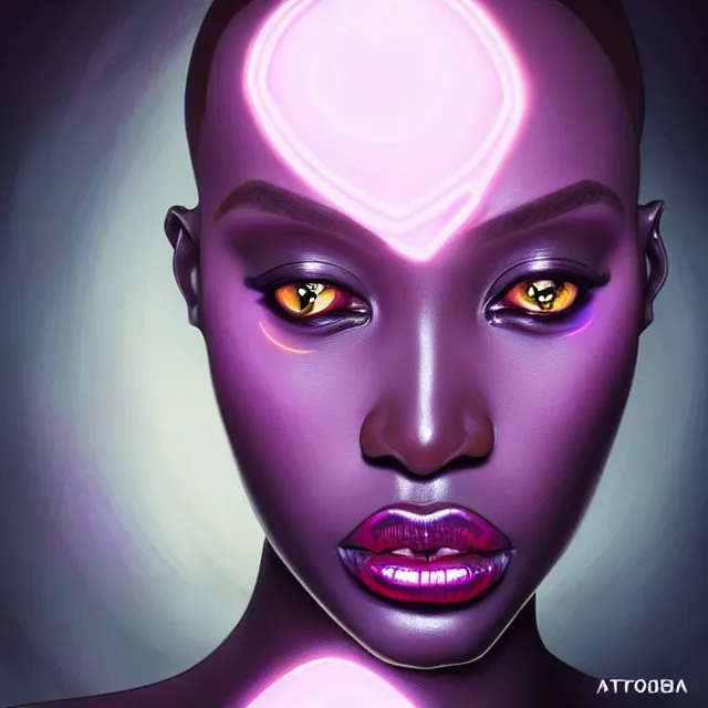 Image similar to african supermodel woman turning into an android portrait, dark surrealism, scifi, intricate, ornate, elegant, sharp eyebrows, platinum hair, highly detailed cybernetic body, neon glowing eyes, digital painting, artstation, concept art, smooth, sharp focus, illustration, art by artgerm and moebius and alphonse mucha