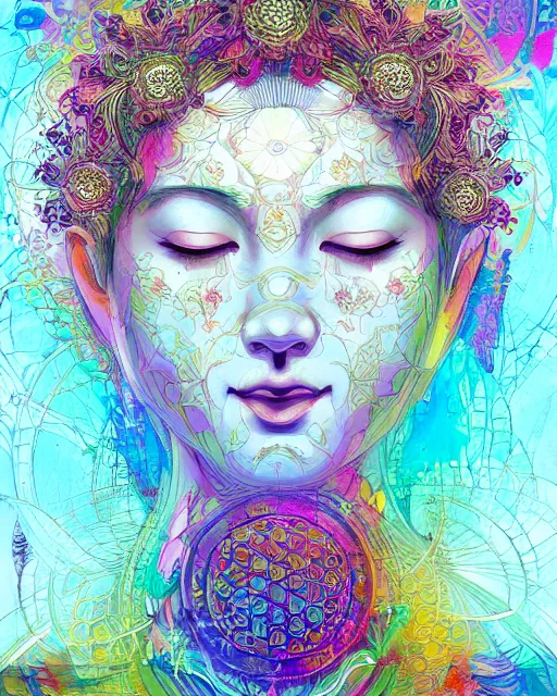 Image similar to flower of life contented peaceful bright eyes smiling bodhisattva, praying meditating, portrait, intricate, colorful, symmetrical, art by artgerm and wlop and james jean and carne griffiths, artstation 8 k uhd