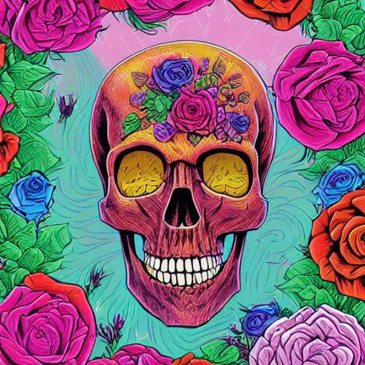 Image similar to large skull surrounded by vivid colorful roses, Jen Bartel, Dan Mumford, Satoshi Kon, gouache illustration