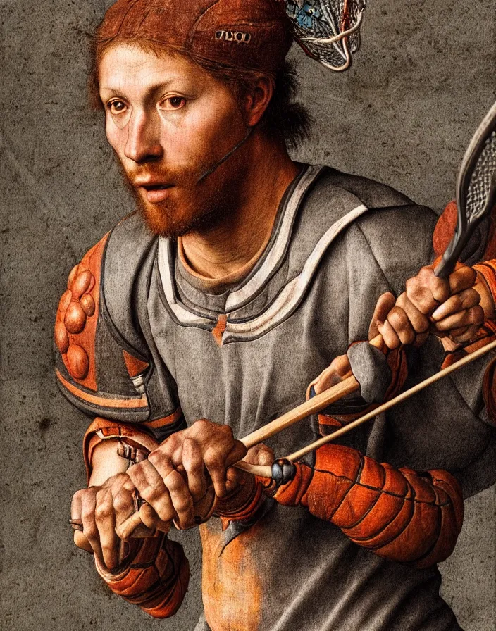 Prompt: lacrosse player by Albrecht Durer, realistic anatomy, very coherent symmetrical artwork, cinematic, hyper realism, high detail, octane render, unreal engine, 8k, Vibrant colors, Smooth gradients, High contrast, depth of field