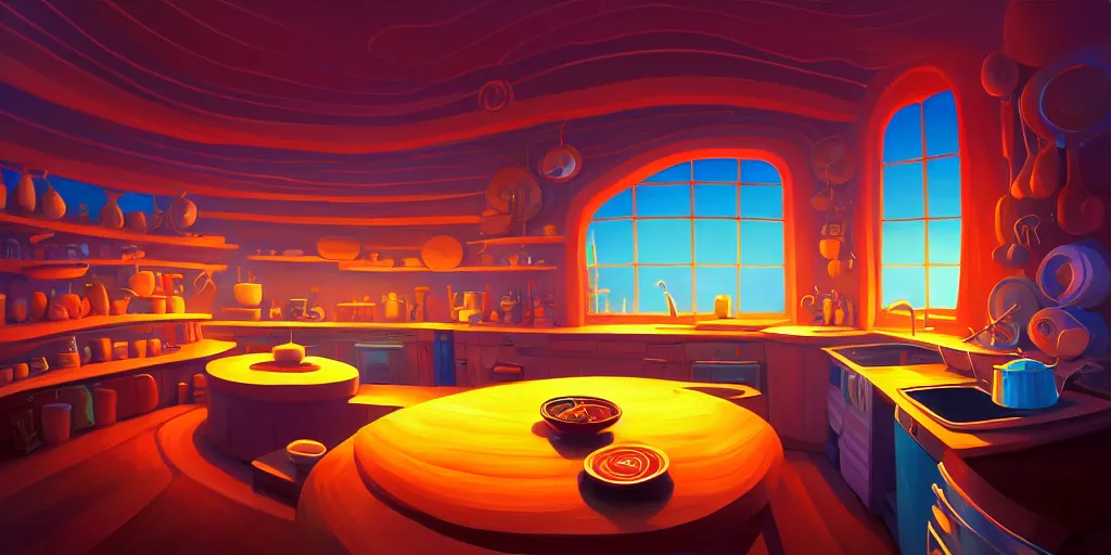 Image similar to spiral lines, naive nerikomi, weird perspective, extra narrow, detailed illustration of a kitchen dim lit by flashlight in a scenic spiral environment by rhads from lorax movie, trending artstation, true color, fisheye