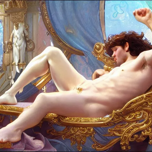 Image similar to Bacchus the pale blond Greek God league of legends on his day off, reclining on a lounge, long fluffy curly blond hair with Center parted curtain bangs, highly detailed, digital painting, artstation, concept art, golden ratio composition, smooth, sharp focus, illustration, ArtStation, art by artgerm and greg rutkowski and alphonse mucha and Edmund Blair Leighton and Charlie Bowater