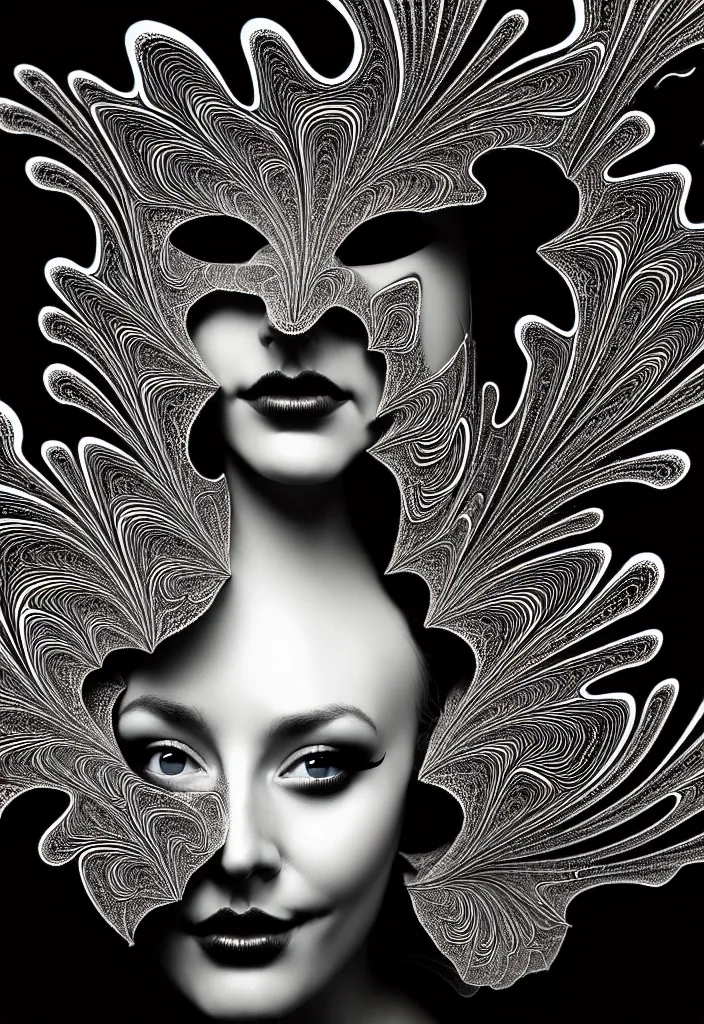 Image similar to young beautiful woman with a face covering fractal, mandelbulb mask. speed painting, scribble art. black and white, black on black. intricate, elegant, super highly detailed, professional digital painting, smooth, 8k, 3D, beautiful, cinematic. art deco, futurism, 3D, Unreal Engine, photorealistic.