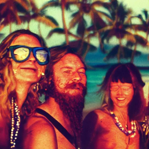 Image similar to expired fuji film photograph portrait of retro psychedelic hippy party in goa from 1 9 8 0, hyperrealism, photorealism, imax quality, 8 k