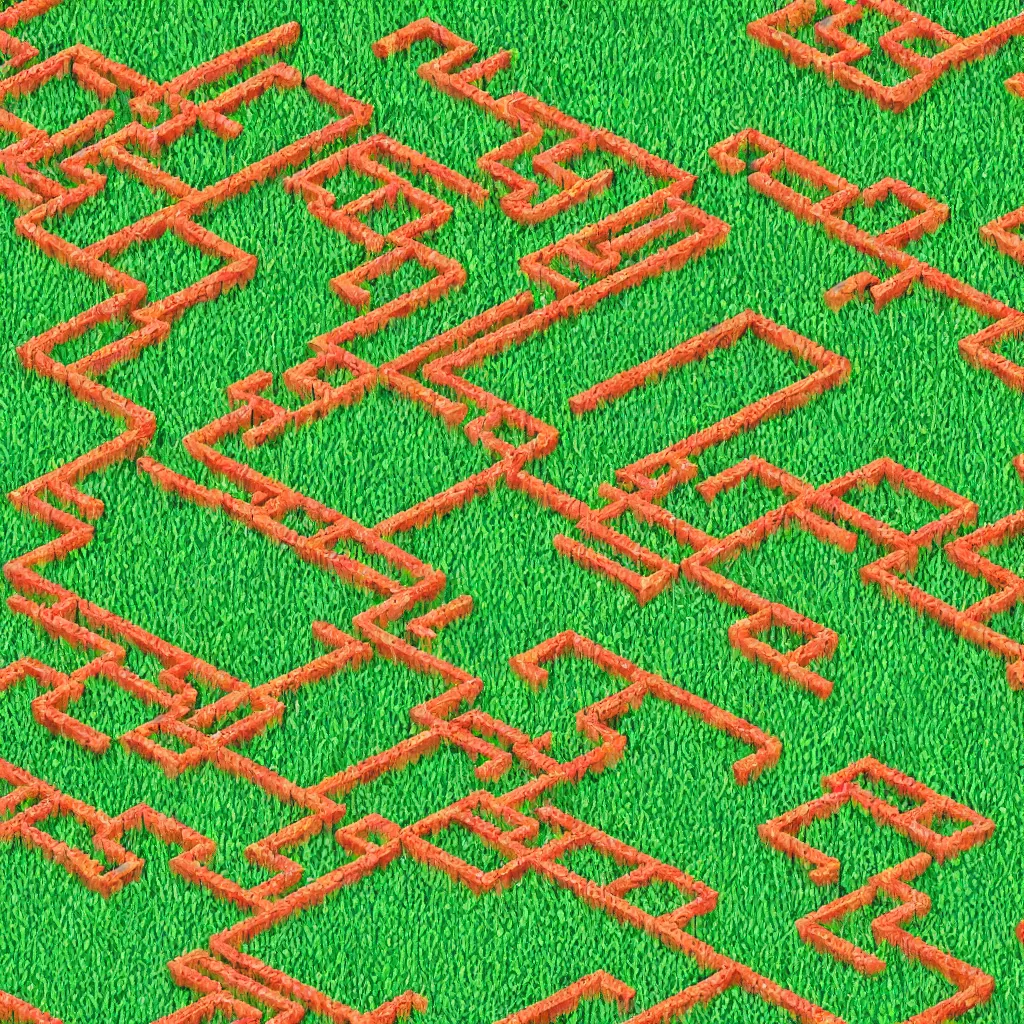 Prompt: wimmelbilder maze made of lawn with cartoon child mowing, isometric, very sharp