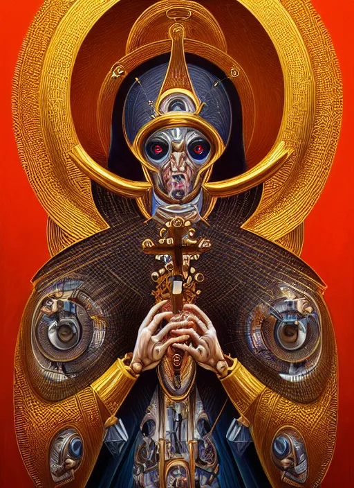 Prompt: hyper detailed ultra sharp orthodox saint icon, biomechanical golden halo, demonic man, trending on artstation, byzantine aesthetic, epic, religious, decadent, ornate, intricate, digital painting, concept art, smooth, sharp focus, illustration, art by josan gonzalez, felix englund, killian eng and zdizslaw beksinski