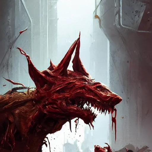 Prompt: concept art by greg rutkowski, dog - shaped monster made of twisted flesh and reddish ooze, roaming the colony, looking rabid, in a claustrophobic, futuristic and brutalist environment, frightening and creepy atmosphere, scifi, highly detailed portrait, digital painting, artstation, concept art, smooth, sharp foccus ilustration, artstation hq