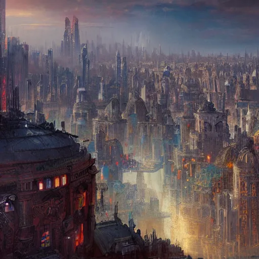 Image similar to artstation concept of a city from a past vision of the future, bright colorful, hyperdetailed, artstation trending, world renowned artists, worth1000.com, historic artworks society, antique renewel, cgsociety, by greg rutkowski, by Gustave Dore, Deviantart