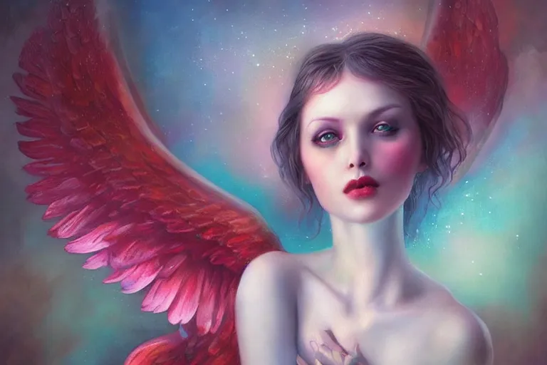 Image similar to pretty angel girl with wings photograph in the style of tom bagshaw, colorful, realistic, 8 k