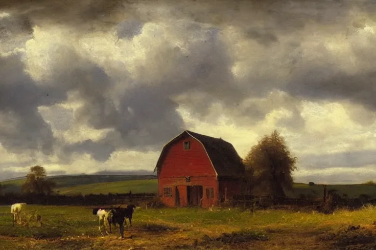 Image similar to a barn in the countryside, dramatic lighting, dramatic clouds, edward harrison compton