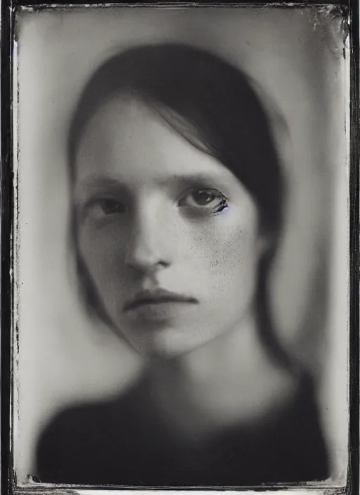 Prompt: portrait of a young women, photo realistic, elegant, award winning photograph, parallax, cinematic lighting, ambrotype wet plate collodion by richard avedon and dorothe lange and shane balkowitsch