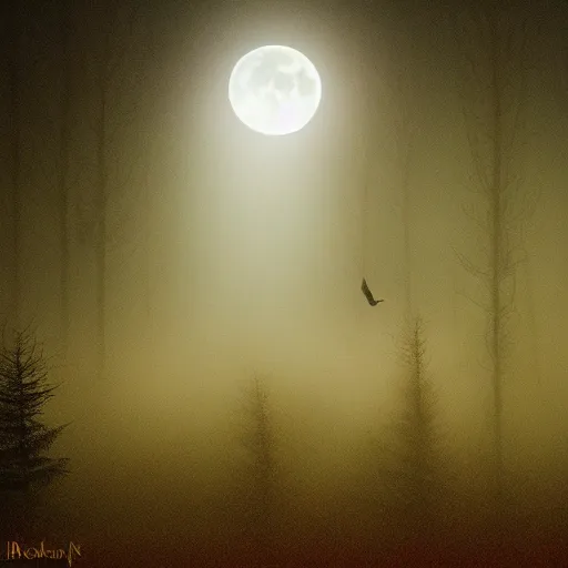 Image similar to owl flying at night through fog in the forest lit by the full moon