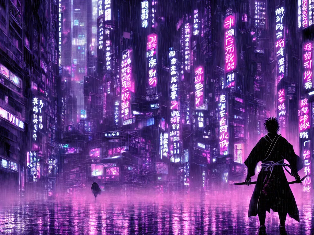 Prompt: high detailed lone samurai in a cyberpunk rainy city at night by Kentaro Miura, purple and pink and blue neons, unreal engine, high quality, 4K, UHD, trending on ArtStation, wires, blade runner vibes, ghost in the shell, akira, dorohedoro