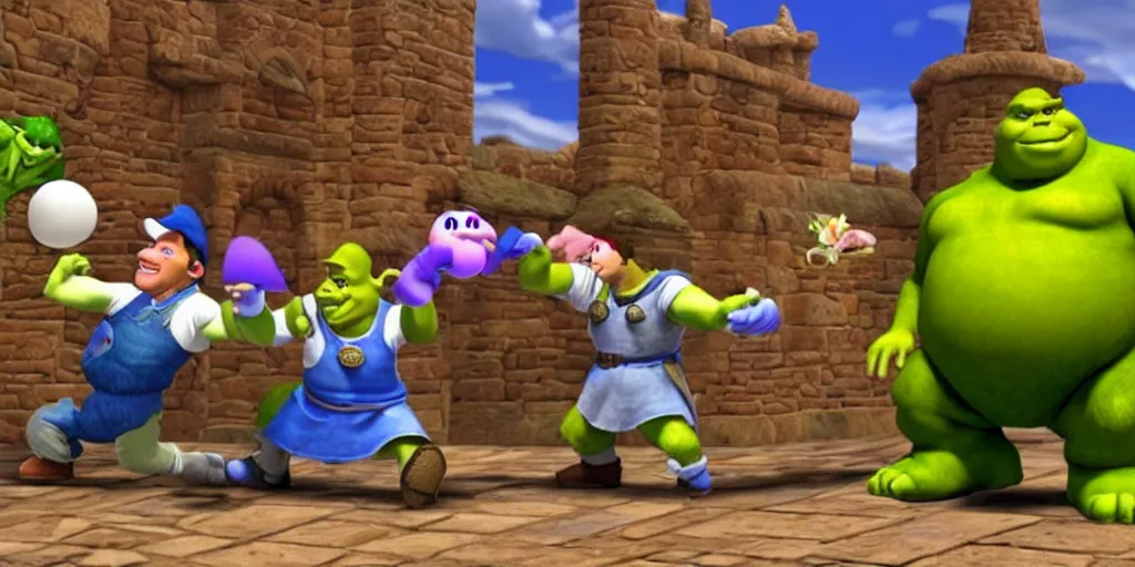 Image similar to Shrek playing super smash brothers