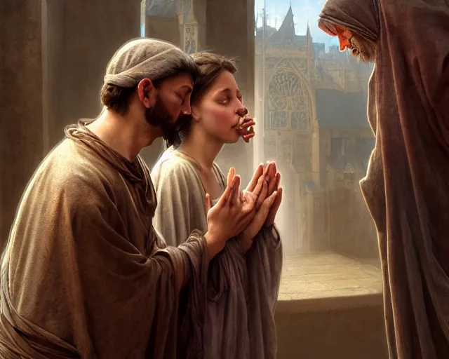 Prompt: realistic matte painting of a poor hungry couple praying to a cross and crying, emotional sad painting, very poor, hungry, love eachother, medieval peasants, fantasy, cruel, dramatic lighting, intricate, wild, highly detailed, digital painting, artstation, concept art, smooth, sharp focus, illustration, art by artgerm and greg rutkowski and alphonse mucha