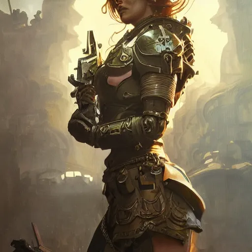 Prompt: Katherine Heigl as a warhammer 40k marine, gorgeous, beautiful, intricate, highly detailed, digital painting, artstation, oppressive lighting, concept art, sharp focus, illustration, art by greg rutkowski and alphonse mucha