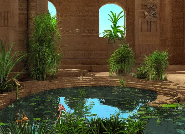 Image similar to Ancient Egypt interior with a pond and plants, digital art