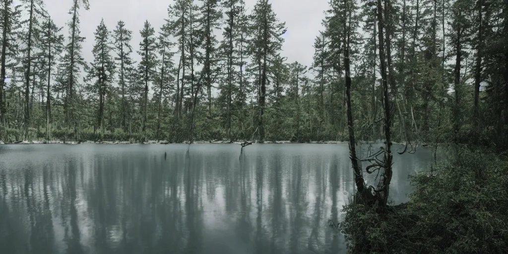 Prompt: centered photograph of a long rope snaking directly on the surface of the water, rope center of the lake, a dark lake on a cloudy day, color film, trees in the background, hyper detailed photo, anamorphic lens