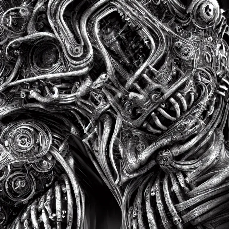 Prompt: surreal biomechanical spinal ribbed tribal exotic organic face portrait detail of mechanical cyborg, beautiful detailed intricate insanely detailed BW 3D render digital art, octane render, 8K artistic photography, photorealistic