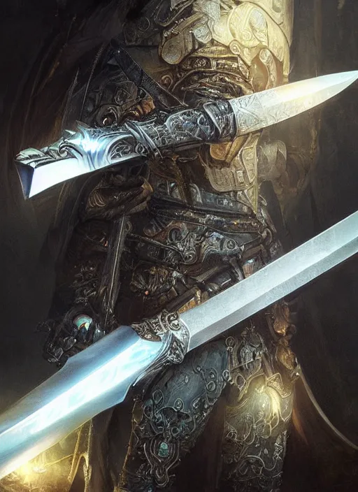 Image similar to legendary sword of technology, intricate black and iridescent blade, ornate gothic baroque spikes, glowing handle, detailed realistic, ray tracing, colored gems, art by greg rutkowski