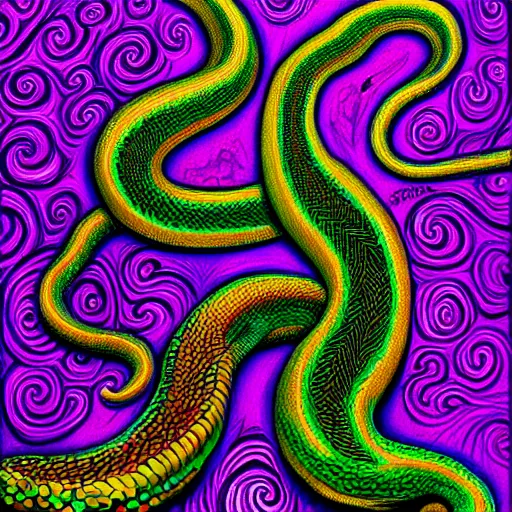 Image similar to an extremely psychedelic portrait of a snake, surreal, lsd, face, detailed, intricate, elegant, lithe, highly detailed, digital painting, artstation, concept art, smooth, sharp focus, illustration