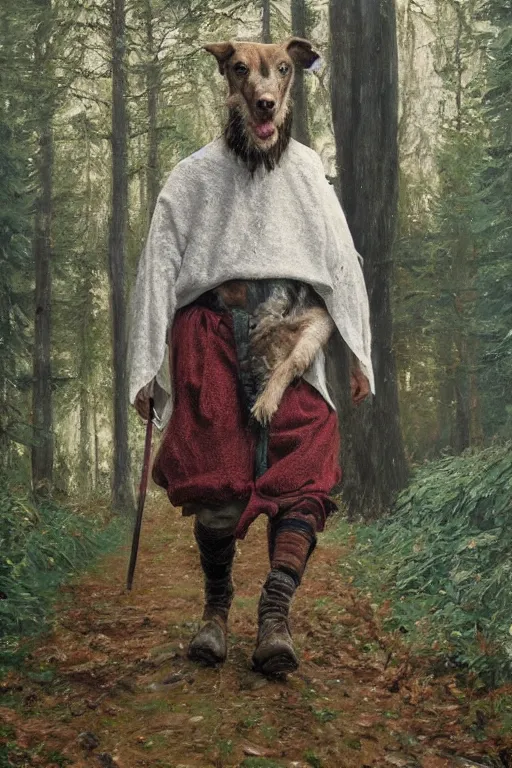 Image similar to Slavic dog head man, woolen torso in medieval clothes, walking in the forest, Orthodox Saint Christopher, oil painting, painting by Viktor Vasnetsov, concept art, hyperborea, beautiful dog head, hyperrealism, beautiful, high resolution, trending on artstation,