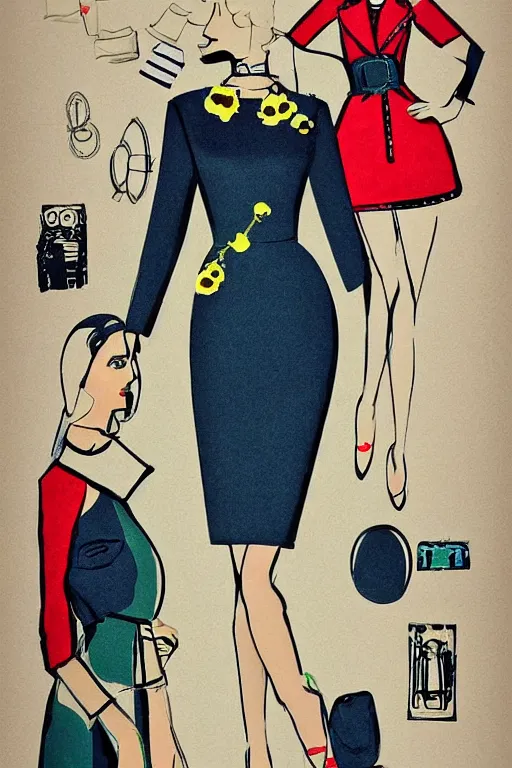 Prompt: a detailed high fashion illustration of a atomic style mid century outfit