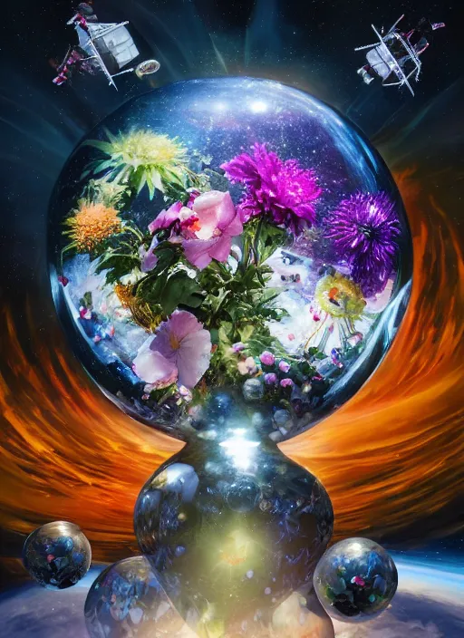 Image similar to An epic fantastic realism comic book style painting of the most beautiful flowers launched into space, perfect shiny silver iridescent spheres, bouquets, fisheye lens, unreal 5, DAZ, hyperrealistic, octane render, dynamic lighting